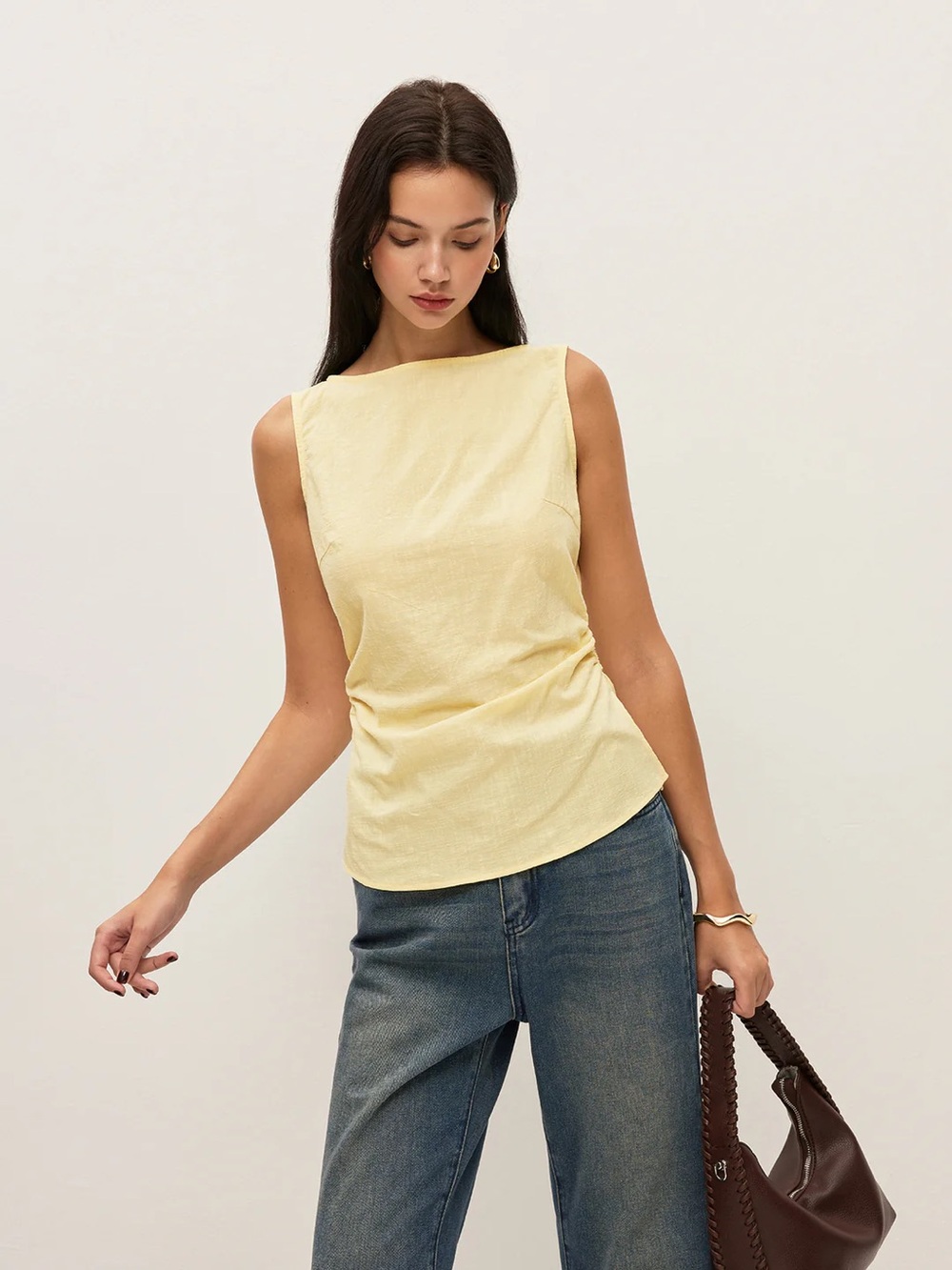 COMMENSE Cotton Solid Boat Neck Ruched Waist Sleeveless Blouse - size Small